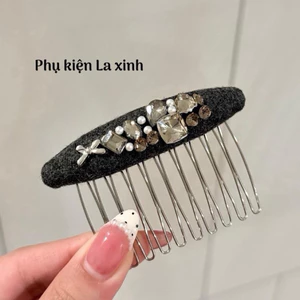 Xược tóc 10 răng vải bông nỉ tone xanh đen phối đá và ngọc (1 cái)