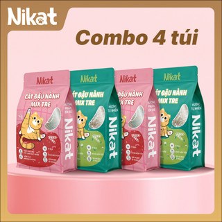 Combo 4 túi cát vệ sinh cho mèo NIKAT 2KG, cát đậu nành mix tre không bụi, vón cục, khử mùi tốt