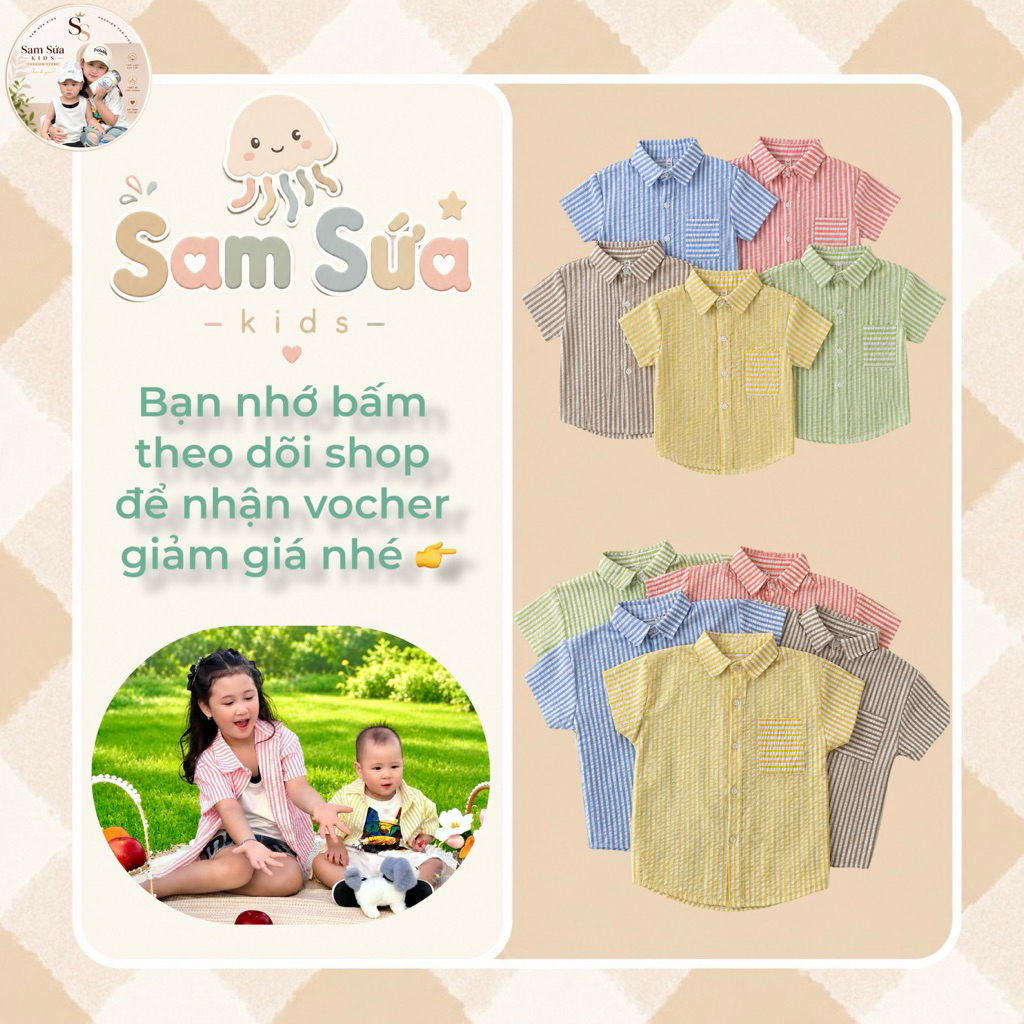 {8-45KG}✨ ÁO SƠ MI SỌC KẺ CHO BÉ – Chất Đũi Nhăn Mềm Mát, Thấm Hút Mồ Hôi, Phong Cách Basic | Sam Sứa Kids