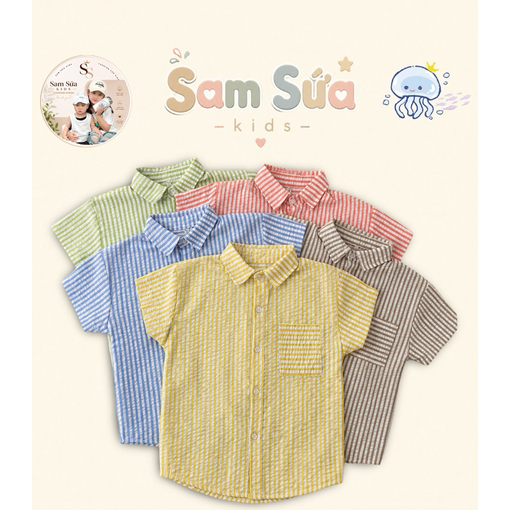 {8-45KG}✨ ÁO SƠ MI SỌC KẺ CHO BÉ – Chất Đũi Nhăn Mềm Mát, Thấm Hút Mồ Hôi, Phong Cách Basic | Sam Sứa Kids