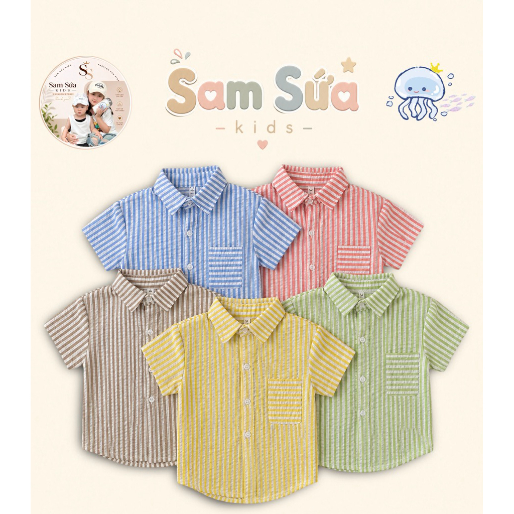 {8-45KG}✨ ÁO SƠ MI SỌC KẺ CHO BÉ – Chất Đũi Nhăn Mềm Mát, Thấm Hút Mồ Hôi, Phong Cách Basic | Sam Sứa Kids