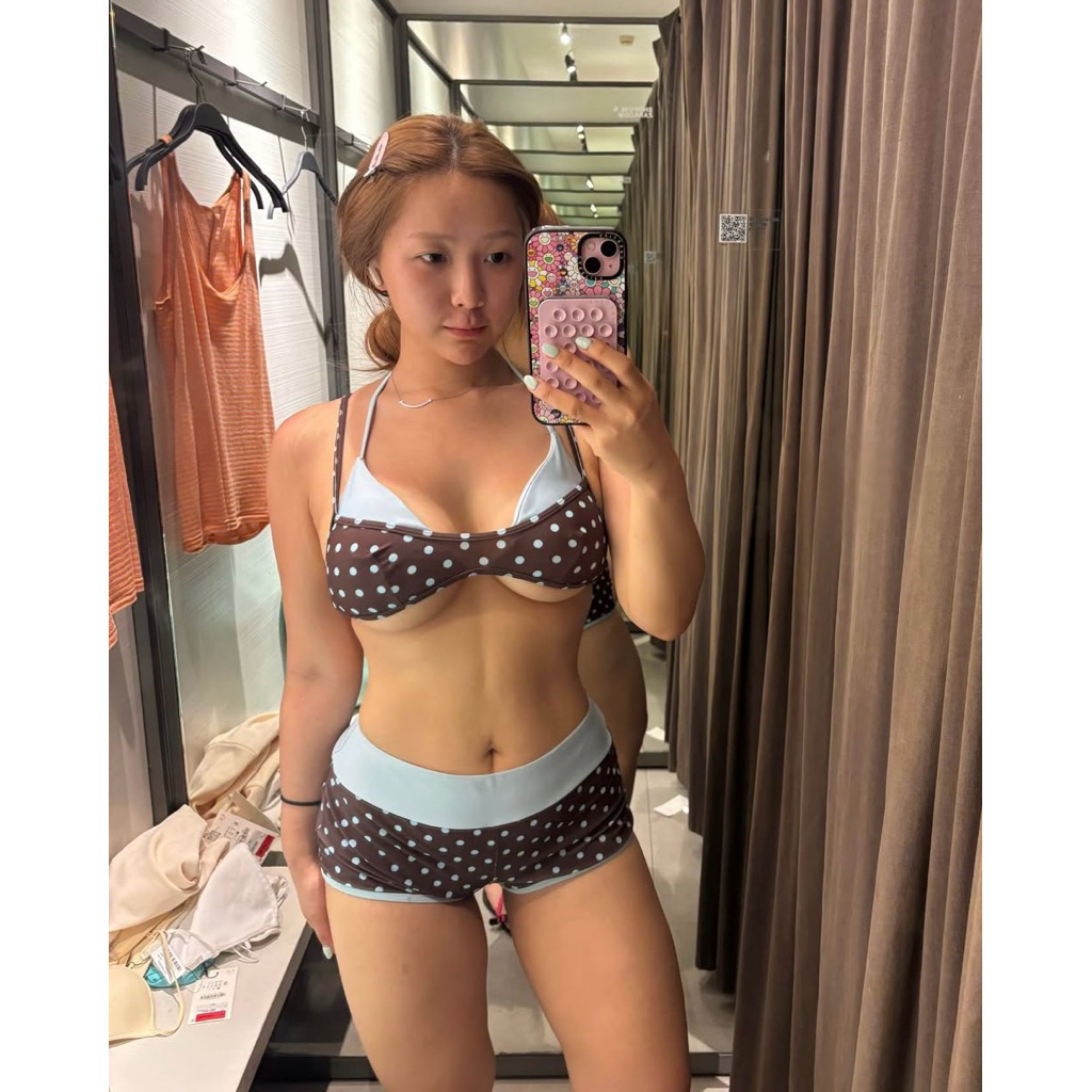 NUNG NIU - Set Bikini Chấm Bi Nâu Phối Xanh Mẫu Mới (Sẵn mút)