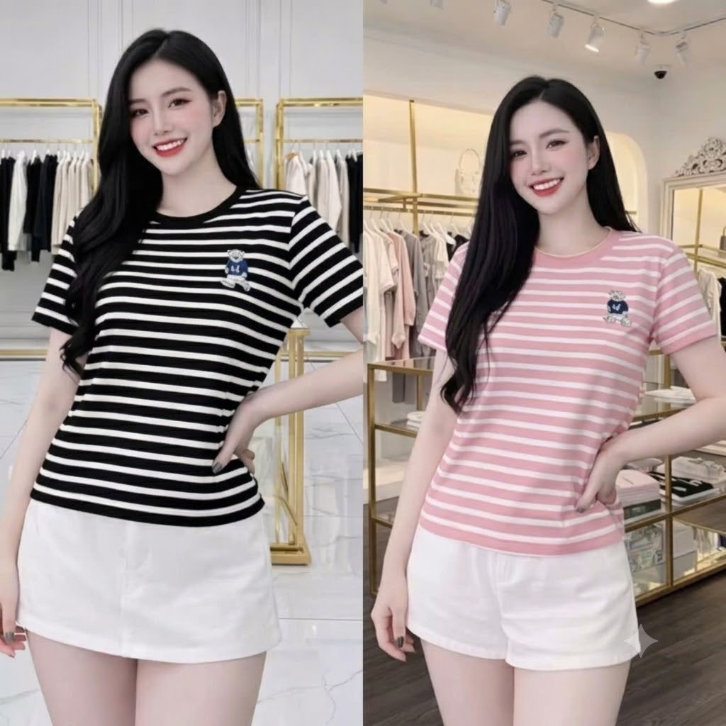 Set 2 Áo Thun Nữ Sọc Ngang In Họa Tiết Gấu, Form Basic, Chất Vải Mềm, Nhiều Màu
