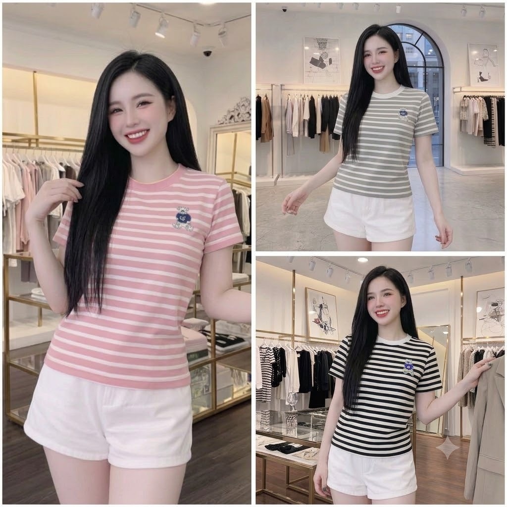 Set 2 Áo Thun Nữ Sọc Ngang In Họa Tiết Gấu, Form Basic, Chất Vải Mềm, Nhiều Màu