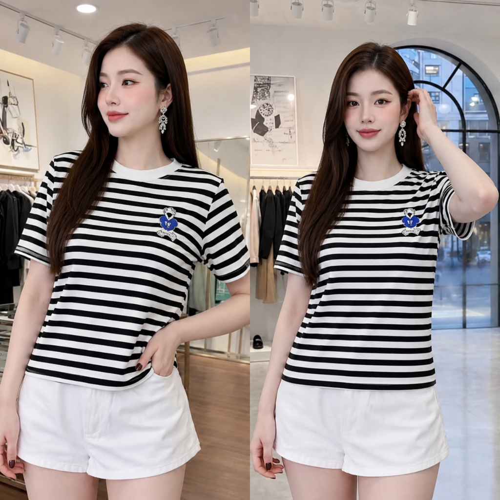 Set 2 Áo Thun Nữ Sọc Ngang In Họa Tiết Gấu, Form Basic, Chất Vải Mềm, Nhiều Màu