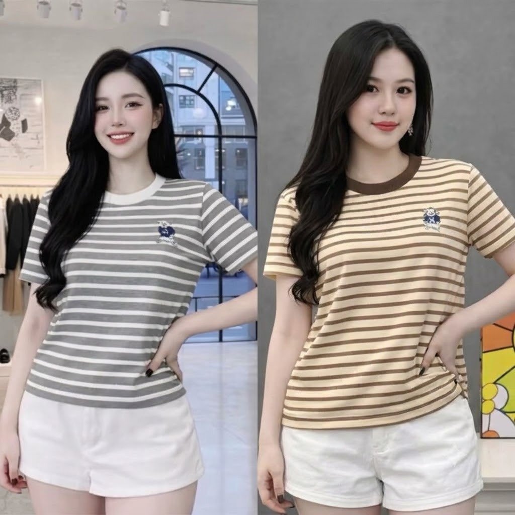 Set 2 Áo Thun Nữ Sọc Ngang In Họa Tiết Gấu, Form Basic, Chất Vải Mềm, Nhiều Màu