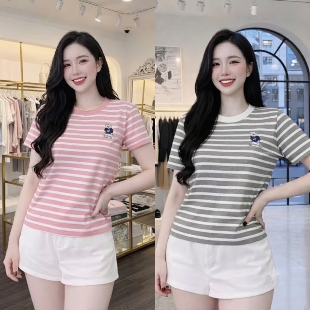 Set 2 Áo Thun Nữ Sọc Ngang In Họa Tiết Gấu, Form Basic, Chất Vải Mềm, Nhiều Màu