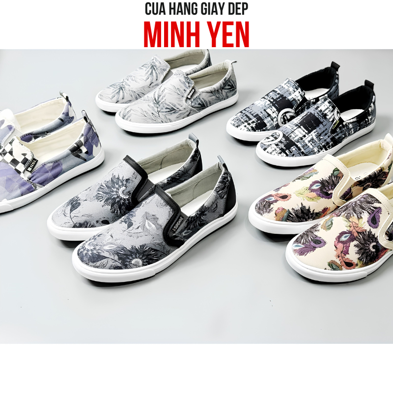 Giày Lười Vải Nam Họa Tiết Thời Trang, Slip On Nam Êm Chân Nhẹ Thoáng Khí Đi Học Đi Chơi, Đi làm