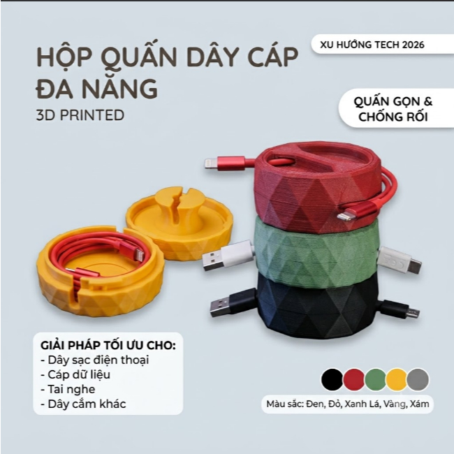 Hộp Quấn Dây Sạc Bằng Nhựa Co Rút Thông Minh, Chống Rối Tiện Lợi ( In 3D)