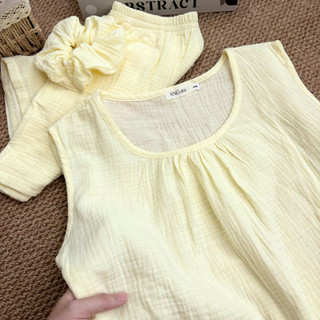Đồ ngủ nữ áo sát nách quần đùi – Pyjama áo ba lỗ vải xô muslin trơn | KNG.studio (Tặng kèm dây buộc tóc scrunchies)