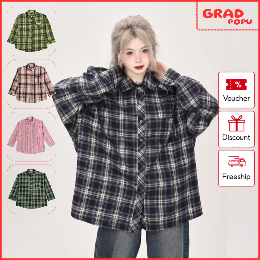 Áo sơ mi nữ GRADPOPU dài tay kẻ sọc dáng rộng phong cách retro, khoác ngoài chống nắng đa năng PSM01