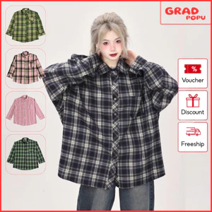 Áo sơ mi nữ GRADPOPU dài tay kẻ sọc dáng rộng phong cách retro, khoác ngoài chống nắng đa năng PSM01