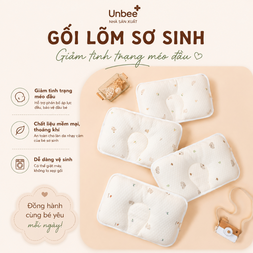 Gối Lõm Unbee Cho Bé Sơ Sinh 24x38x2cm Mềm Mại, Thấm Hút Mồ Hôi