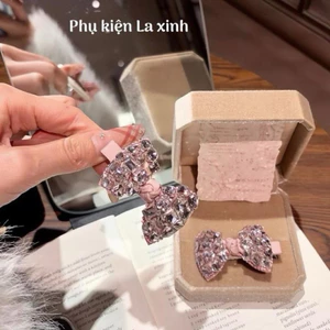 Kẹp mái cao cấp nơ phối đá khối tone hồng (1 cái)