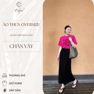 Bộ Áo Thun Nữ CHEPOL Form Rộng, Cổ Tròn, Phối Chân Váy, In Chữ, Chất Cotton (Áo Phông Hồng Sen+Chân Váy Đuôi cá)CP_24724