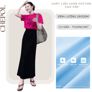 Bộ Áo Thun Nữ CHEPOL Form Rộng, Cổ Tròn, Phối Chân Váy, In Chữ, Chất Cotton (Áo Phông Hồng Sen+Chân Váy Đuôi cá)CP_24724