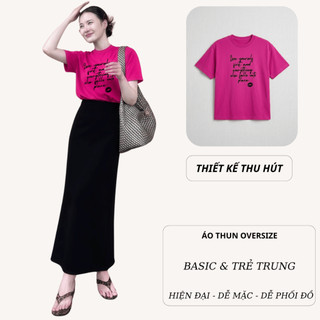 Bộ Áo Thun Nữ CHEPOL Form Rộng, Cổ Tròn, Phối Chân Váy, In Chữ, Chất Cotton (Áo Phông Hồng Sen+Chân Váy Đuôi cá)CP_24724