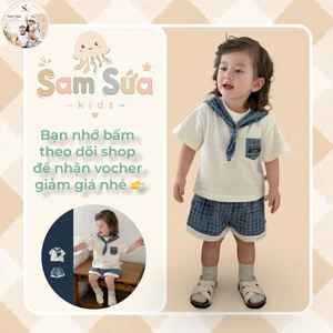 {HÀNG ODER} 🌸Set Bộ Bé Trai/ Bé gái Phối Khăn Thủy Thủ Hàn Quốc – Áo Thun Trắng + Quần Caro Xanh Cao Cấp/ Sam Sứa Kids