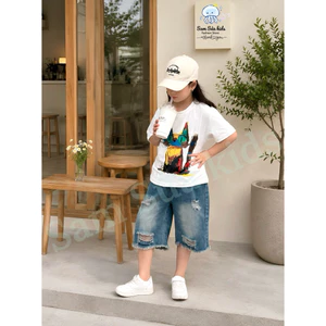 {HÀNG SẴN} 🌟 SET BỘ CÁ TÍNH - ÁO THUN UNISEX HỌA TIẾT CÚ MÈO - QUẦN SHORT JEAN RÁCH TUA