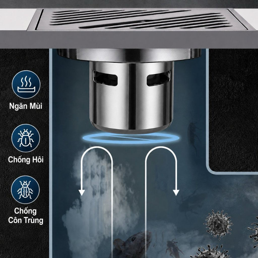 Phễu Thoát Sàn 12x12, Inox 304 Bóng, Nano Xám Chống Hôi, Chống Côn Trùng, Thoát Nước Nhanh