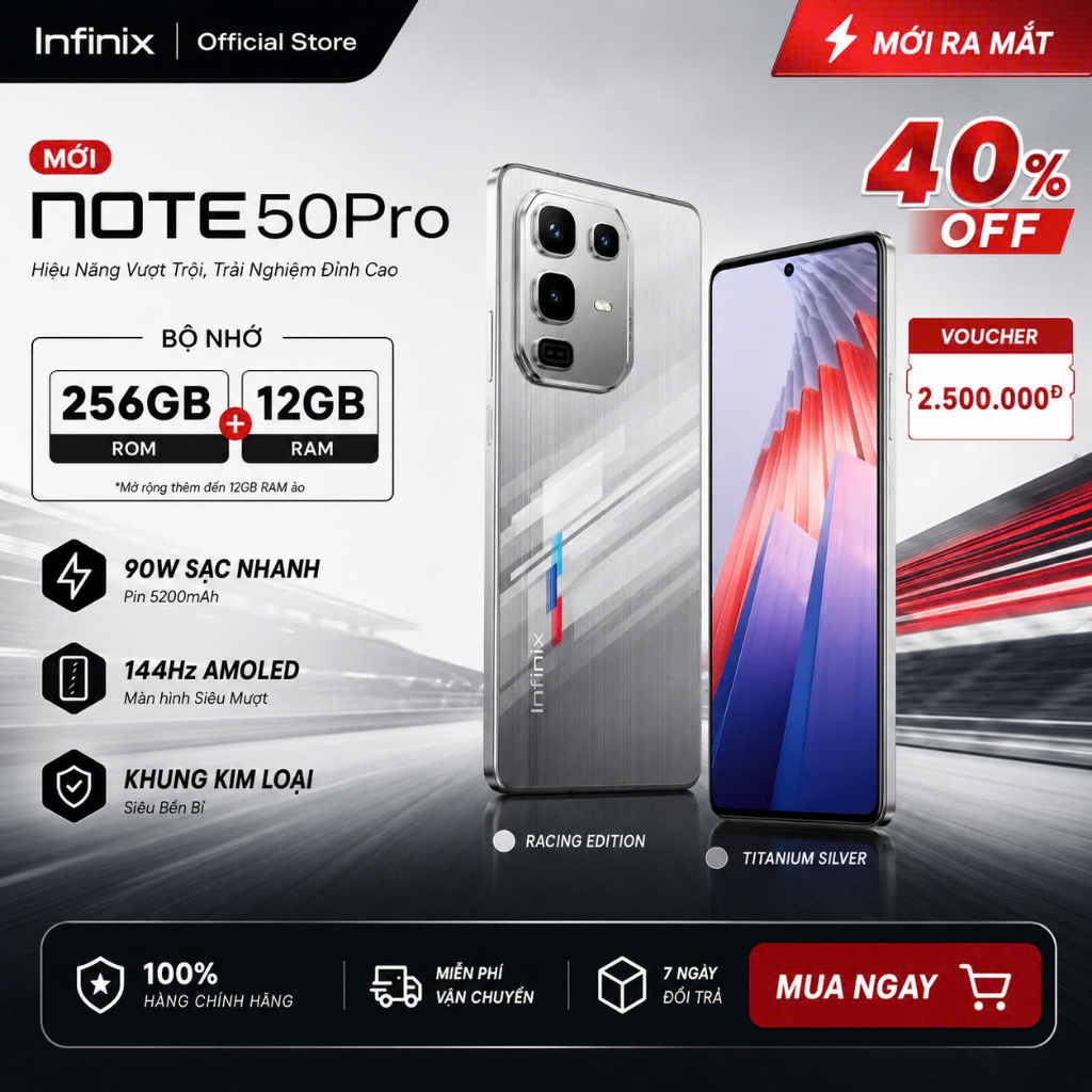 Điện thoại Infinix NOTE 50 Pro (12GB/256GB) | AMOLED & 144Hz | Camera AI 50MP | Sạc 90W | BH 12tháng