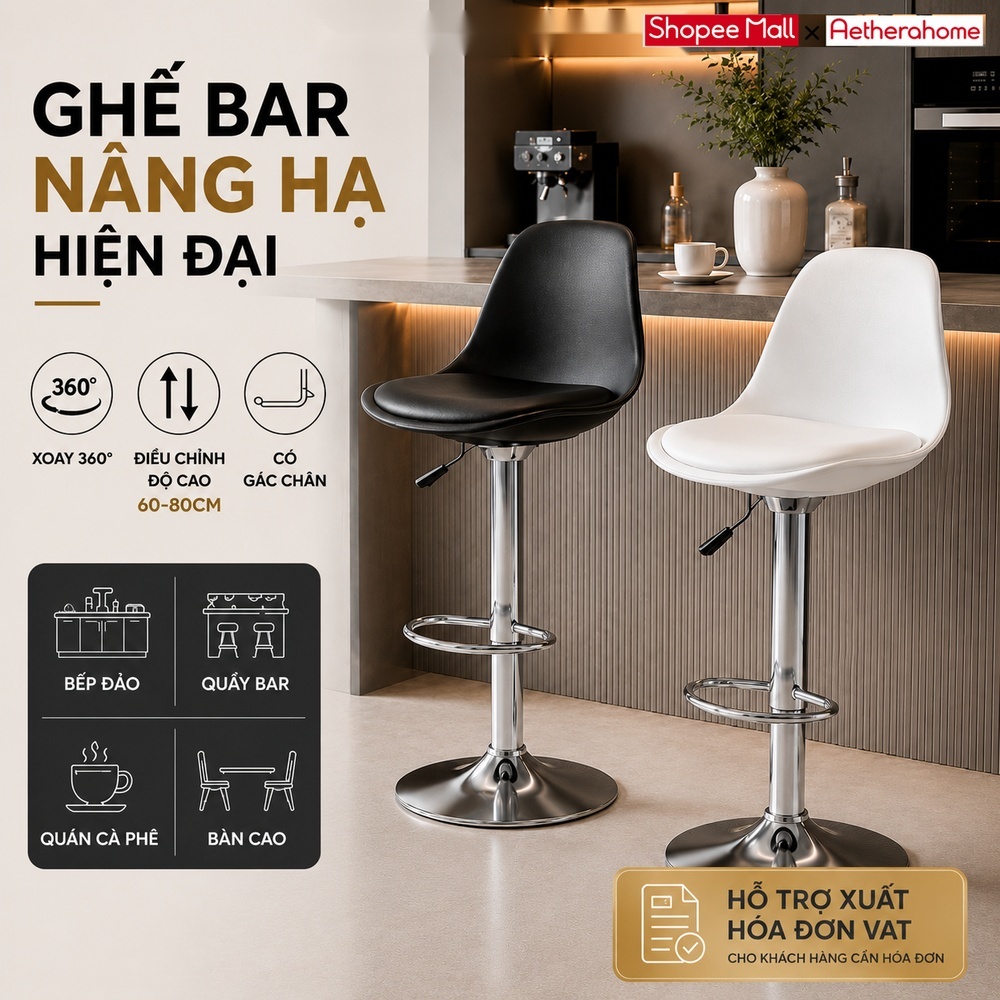 Ghế quầy bar | AetheraHome | Màu đen trắng|xoay 360 độ | Chiều cao 60-80 cm | Ghế cao | Ghế đảo bếp