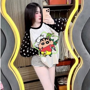 Sét áo thun trắng tay dài chấm bi in hình ,chất cotton quần đùi sọc zip (hình ngẫu nhiên)