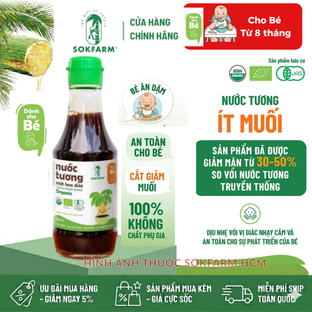 [SALE Chai 200ml cho bé] Nước tương Organic mật hoa dừa Sokfarm Organic cắt giảm muối