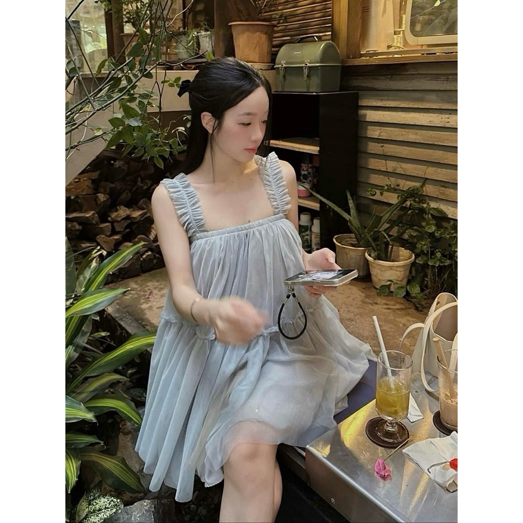 Váy 2 dây phối lưới bèo dáng xuông