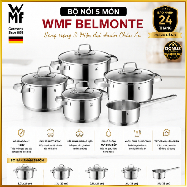 Bộ Nồi WMF Belmonte 5 Món Inox Cromargan 18/10 Chính Hãng Bảo Hành 24 Tháng