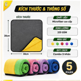 Combo 5 Khăn Lau Microfiber 2 Mặt Vàng Xám Siêu Thấm Hút – Không Xơ, Không Xước, Lau Ô Tô, Kính, Nhà Bếp Đa Năng