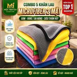 Combo 5 Khăn Lau Microfiber 2 Mặt Vàng Xám Siêu Thấm Hút – Không Xơ, Không Xước, Lau Ô Tô, Kính, Nhà Bếp Đa Năng