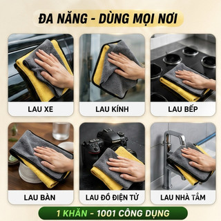Combo 5 Khăn Lau Microfiber 2 Mặt Vàng Xám Siêu Thấm Hút – Không Xơ, Không Xước, Lau Ô Tô, Kính, Nhà Bếp Đa Năng