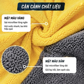 Combo 5 Khăn Lau Microfiber 2 Mặt Vàng Xám Siêu Thấm Hút – Không Xơ, Không Xước, Lau Ô Tô, Kính, Nhà Bếp Đa Năng