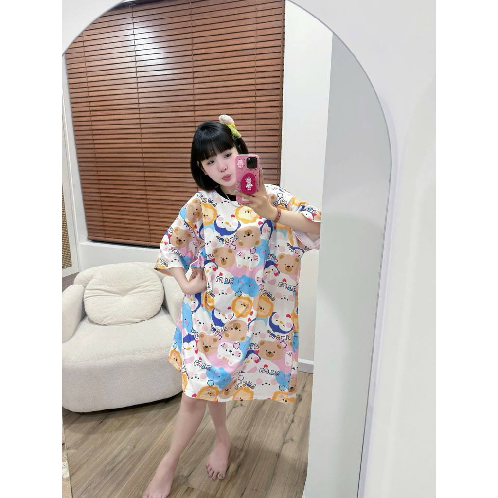 Đầm Ngắn Thun Rộng In Full Hai Mặt Họa Tiết Cotton Co Giãn Tốt Dễ Phối Đồ