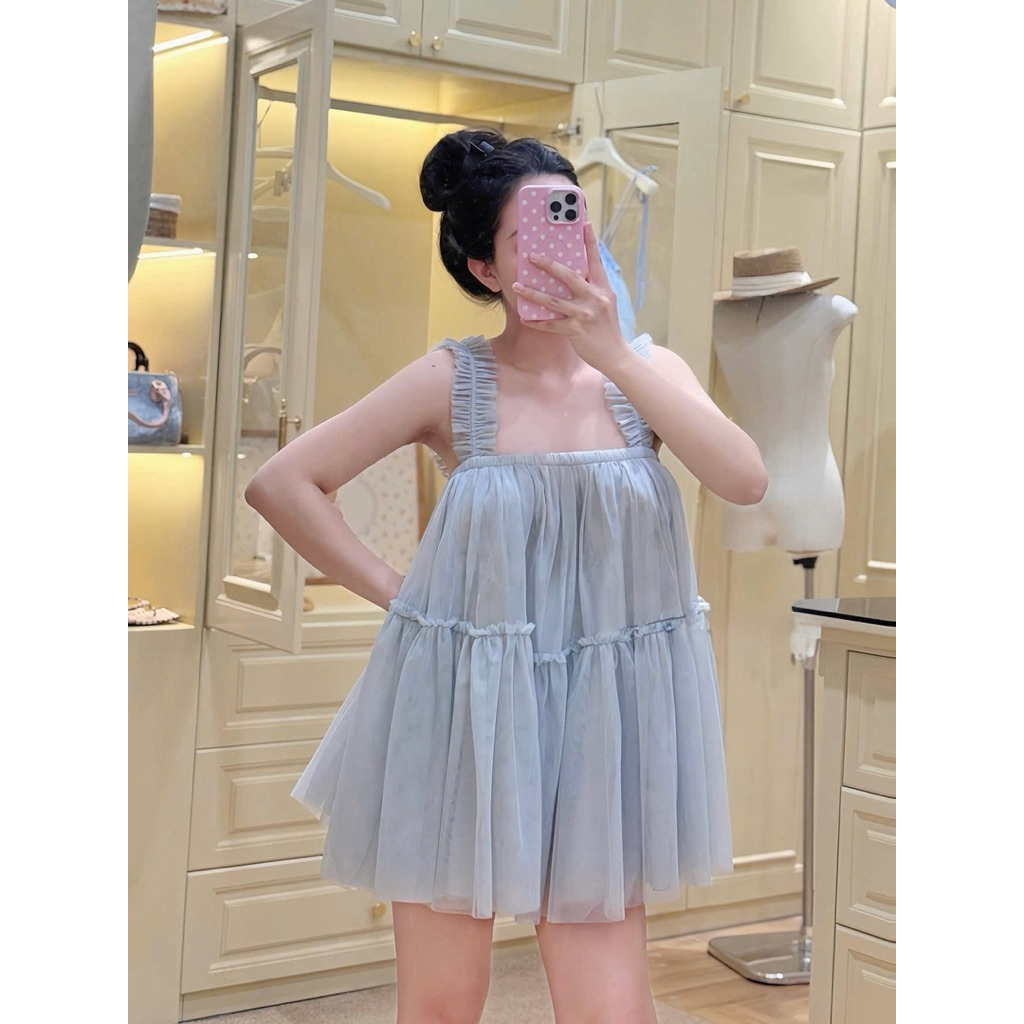 Váy 2 dây phối lưới bèo dáng xuông