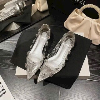 Giày Búp Bê Nữ Pha Lê Trong Suốt Mũi Nhọn Phong Cách Balletcore