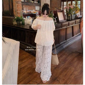 Set bộ ren hoa trắng cao cấp , Áo trễ vai dáng babydoll tay bồng kèm quần suông ống rộng phong cách tiểu thư sang chảnh