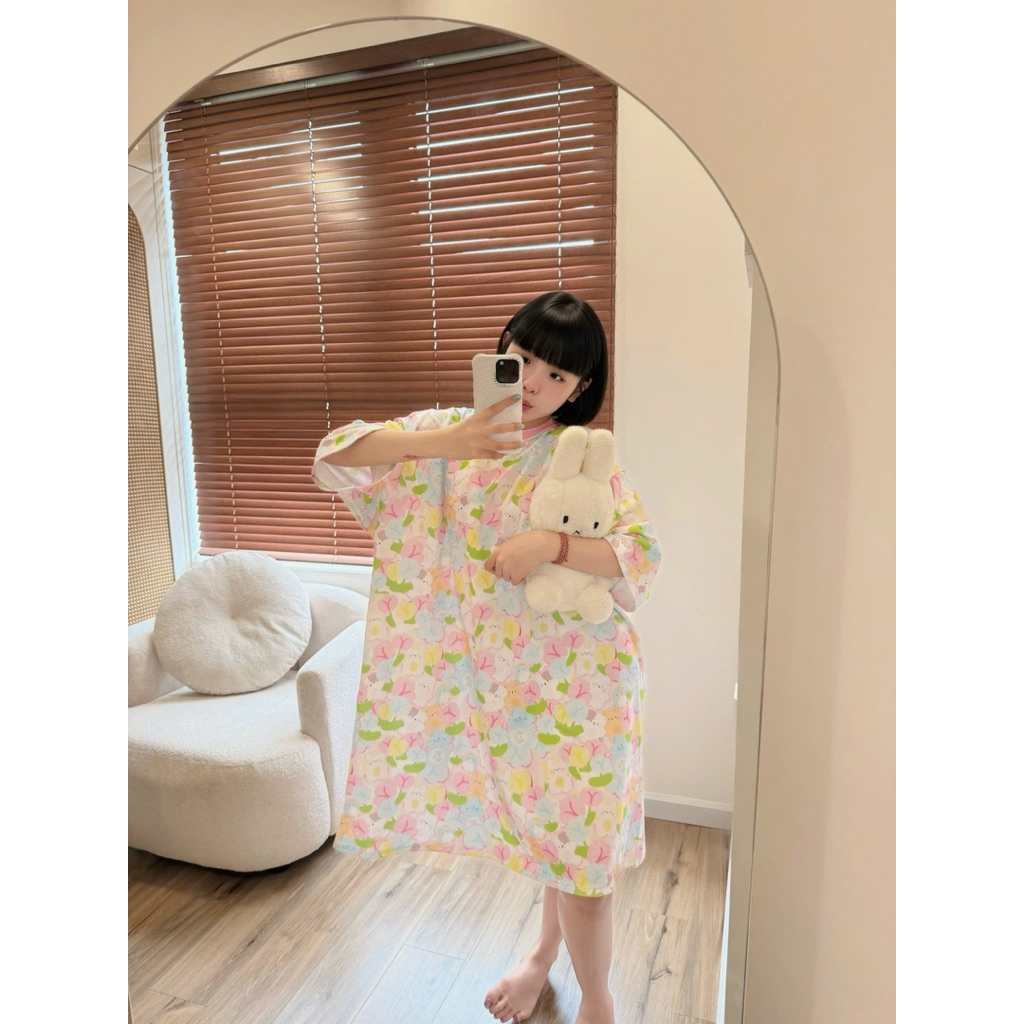 Đầm Ngắn Thun Rộng In Full Hai Mặt Họa Tiết Cotton Co Giãn Tốt Dễ Phối Đồ