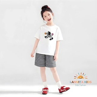 Set Bộ Bé Gái Hình Ngựa Vằn Dễ Thương, Áo Thun Tay Ngắn phối Quần Short Caro Mùa Hè Cho Bé 9-42kg