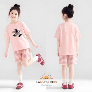 Set Bộ Bé Gái Hình Ngựa Vằn Dễ Thương, Áo Thun Tay Ngắn phối Quần Short Caro Mùa Hè Cho Bé 9-42kg