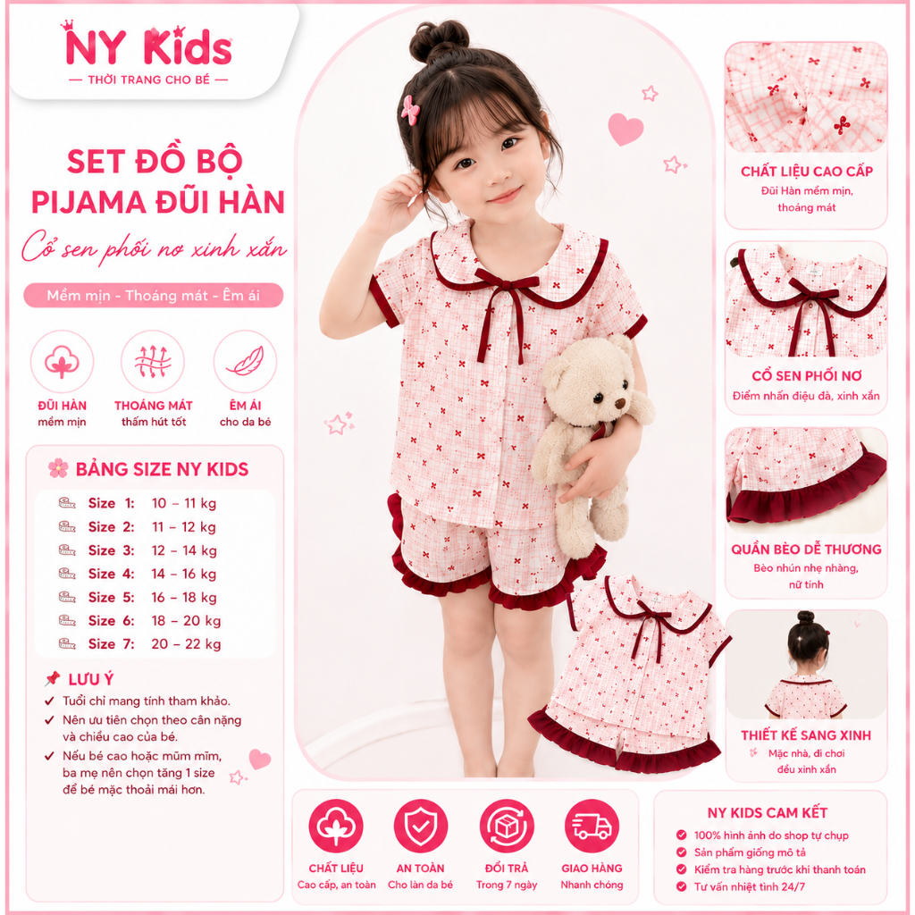 Đồ Bộ Bé Gái Pijama Chất Đũi Hàn Thoáng Mát Cổ Sen Phối Viền Nơ Xinh Xắn – B07