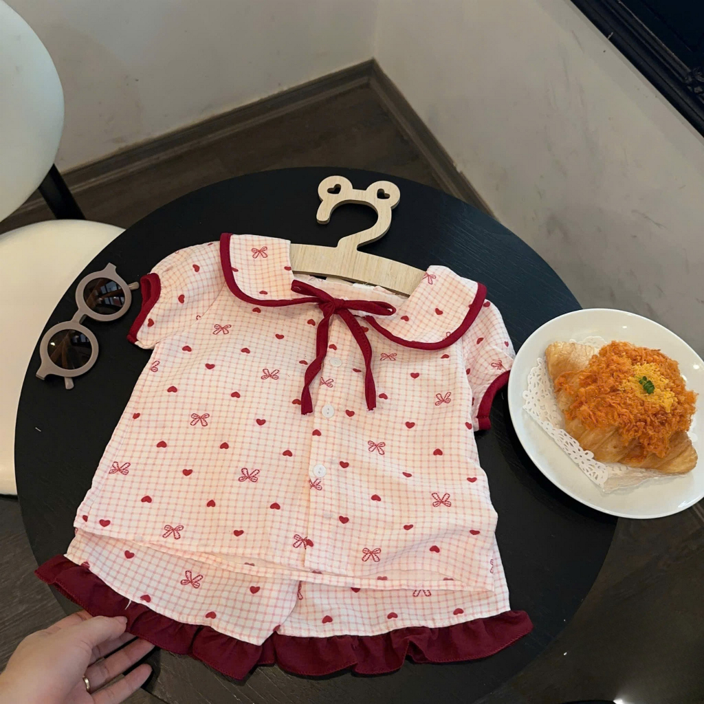 Đồ Bộ Bé Gái Pijama Chất Đũi Hàn Thoáng Mát Cổ Sen Phối Viền Nơ Xinh Xắn – B07