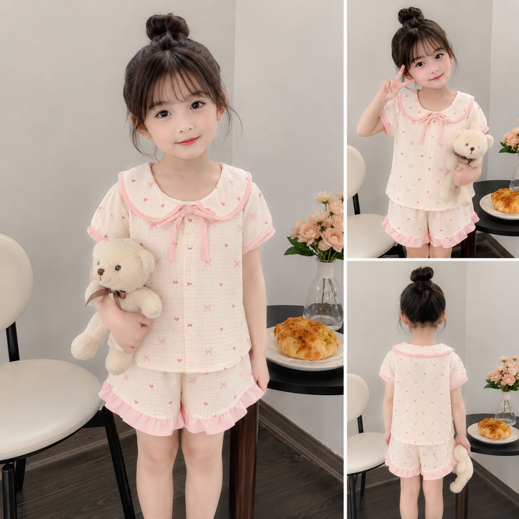 Đồ Bộ Bé Gái Pijama Chất Đũi Hàn Thoáng Mát Cổ Sen Phối Viền Nơ Xinh Xắn – B07