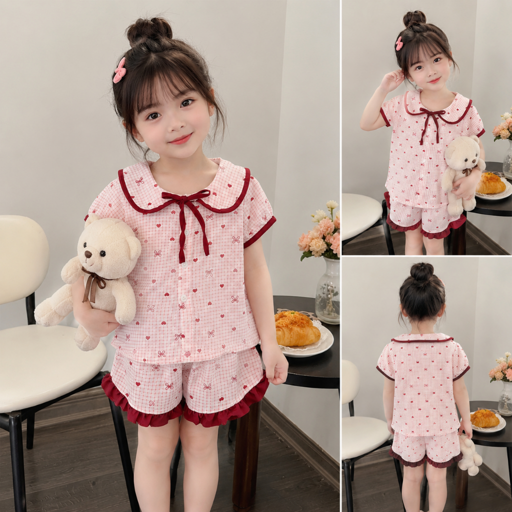 Đồ Bộ Bé Gái Pijama Chất Đũi Hàn Thoáng Mát Cổ Sen Phối Viền Nơ Xinh Xắn – B07