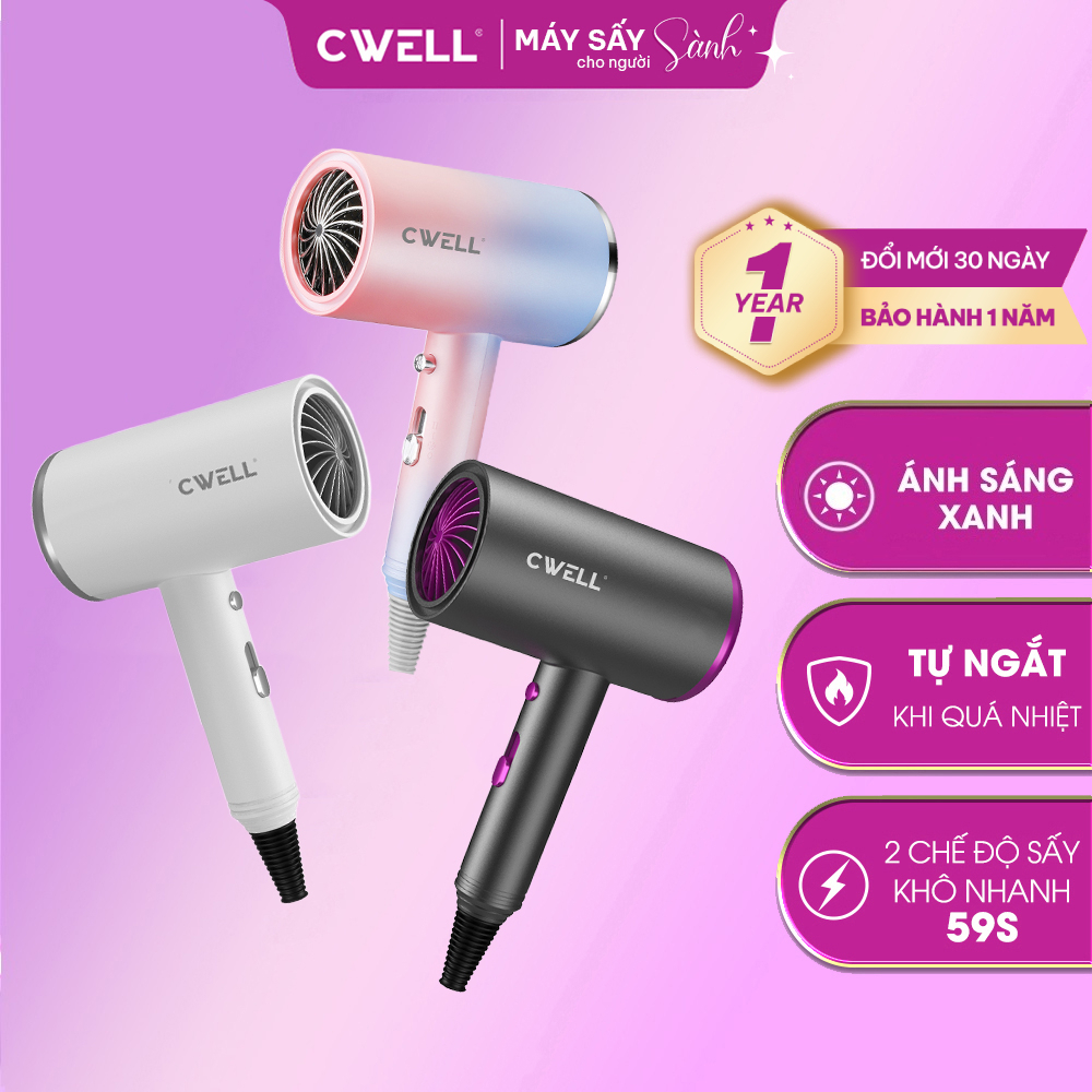 Máy Sấy Tóc Mini CWELL 2 Chiều Nóng Lạnh C02HD Sấy Nhanh - Công Suất 1200W, Ánh Sáng Xanh Bảo Vệ Tóc