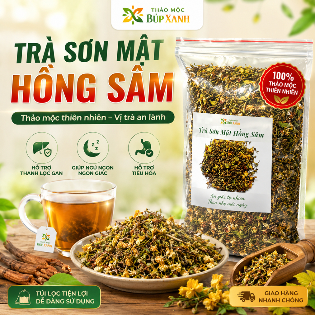 Trà sơn mật hồng sâm 1kg loại 1 pha trà hằng ngày, thơm mát, thanh nhiệt, ngủ ngon Thảo Mộc Búp Xanh