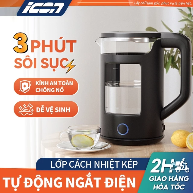 ICON Ấm đun siêu tốc, Bình đun nước dung tích 2.3L /2.0L ấm siêu tốc rẻ bộ ấm bình siêu tốc Ấm Siêu Tốc Thủy Tinh
