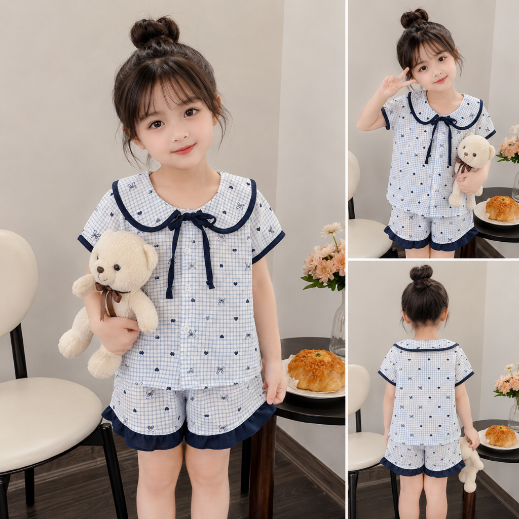 Đồ Bộ Bé Gái Pijama Chất Đũi Hàn Thoáng Mát Cổ Sen Phối Viền Nơ Xinh Xắn – B07