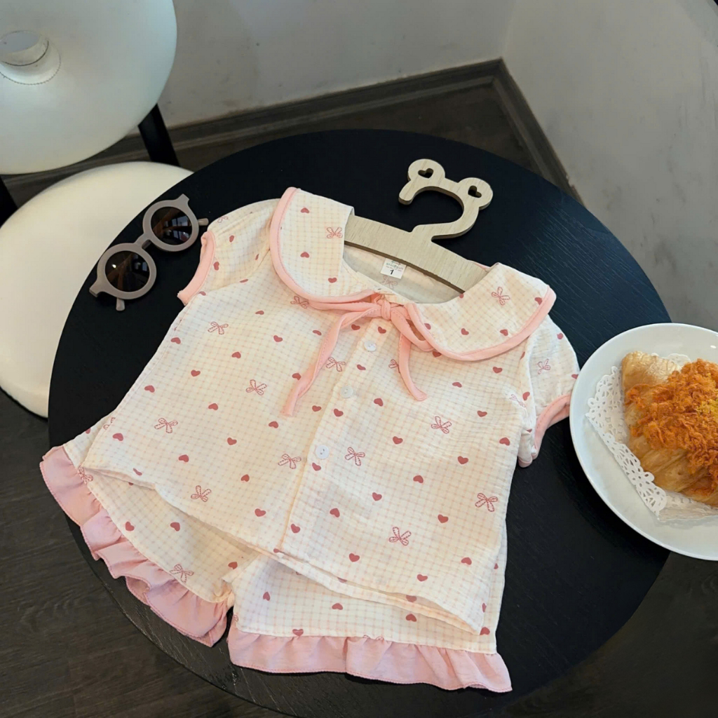 Đồ Bộ Bé Gái Pijama Chất Đũi Hàn Thoáng Mát Cổ Sen Phối Viền Nơ Xinh Xắn – B07